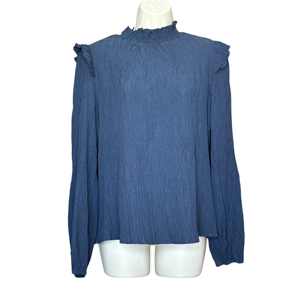 Cupshe Blue Ruffled Mock Neck Blouson Sleeve Blouse M NWT